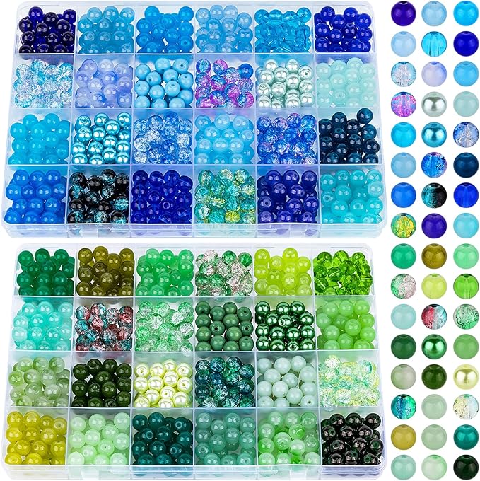 XSEINO About 1200PCS 8mm Glass Beads Bracelet Making Kit,48 Assorted Dreamy Blue Ocean and Green Series Colorful Crystal Beads for Making and DIY Crafts