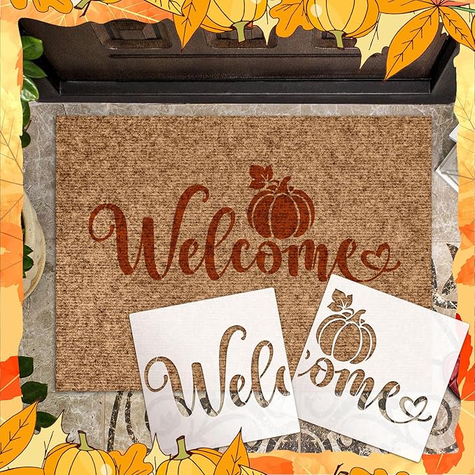 14 Pieces Fall Pumpkin Stencils for Doormat Painting Hello Pumpkin Welcome Maple Leaf Word Stencils Kit for Craft Thanksgiving Reusable Polyester Film Template with Open Ring for DIY Decor