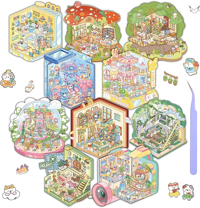 10 Sets DIY 3D House Stickers, Scene Miniature Scene Sticker Book, Cute Cartoon Scenes for Women Girls Teen Kids, Make Your Own Sticker, Fun Room Sticker BookRelief Stress Pass The Time