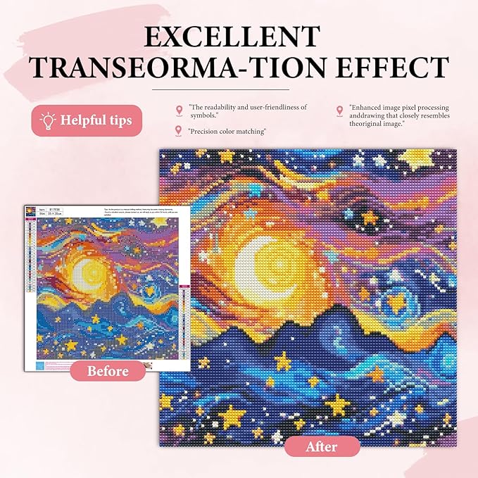 Yezavesu Starry Night Diamond Art Kits for Adults, Starry Sky Diamond Painting Kit for Beginners, 5D DIY Round Full Drill Painting with Gem Art Craft Kits for Home Wall Decor 14x14 Inch