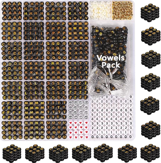 Black Letter Beads with Gold Finish - 1650 Pieces, Round, Includes Vowels, Numbers & Spacer Beads