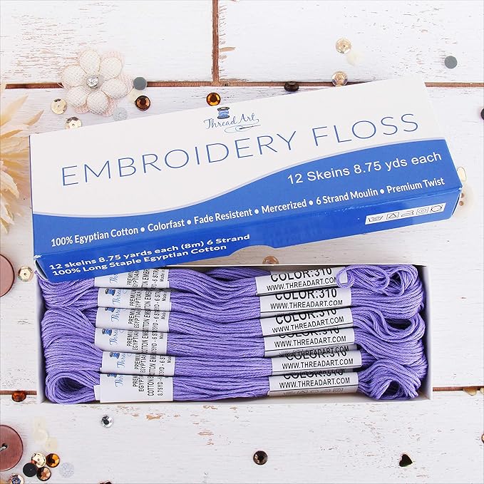 12 Skeins ThreadArt Premium Egyptian Long Fiber Cotton Embroidery Floss | Lavender | 6 Strand Divisible Thread 8.75yds Each for Hand Embroidery, Friendship Bracelets, Cross Stitch and Crafts
