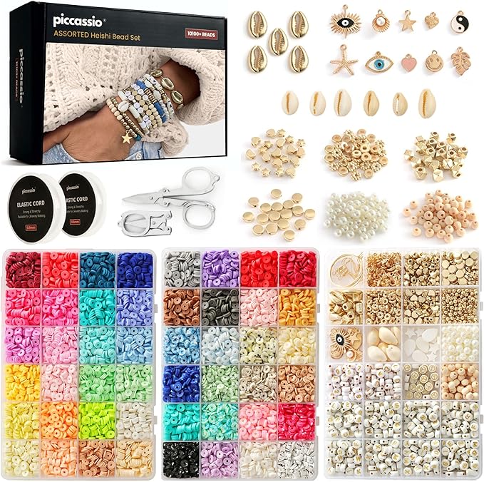 Piccassio Clay Beads Bracelet Making Kit – 10,500+ Heishi Beads in 48 Colors DIY Jewelry Kit with Charms, Letters, Shells & Tools Perfect for Girls, Teens & Creative Adults