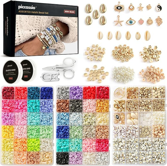 Piccassio Clay Beads Bracelet Making Kit – 10,500+ Heishi Beads in 48 Colors DIY Jewelry Kit with Charms, Letters, Shells & Tools Perfect for Girls, Teens & Creative Adults