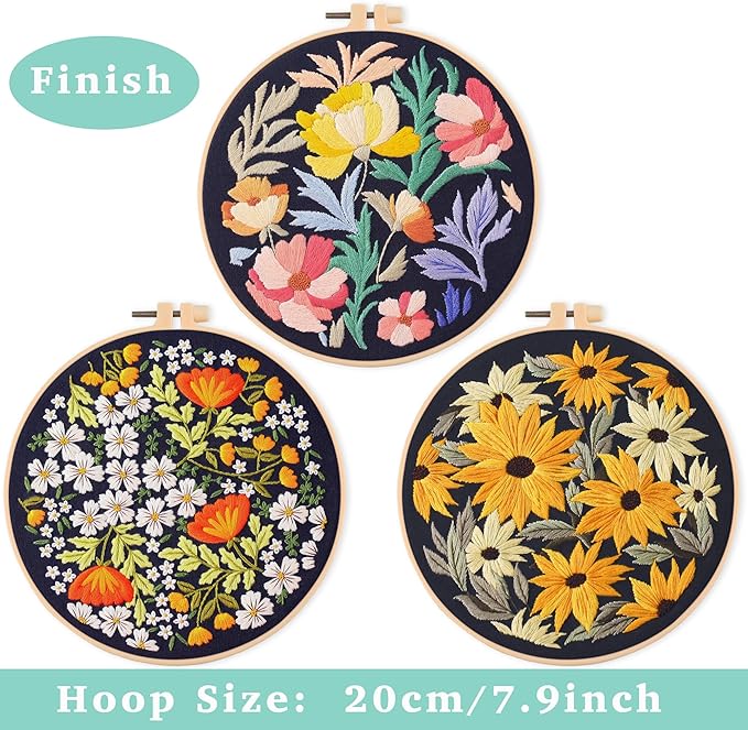 reewisly 3pcs embroidery starter kit with patterns and instructions, diy adult cross stitch kits beginner, including 3 plastic embroidery rings, 1 scissors, colored threads and needles