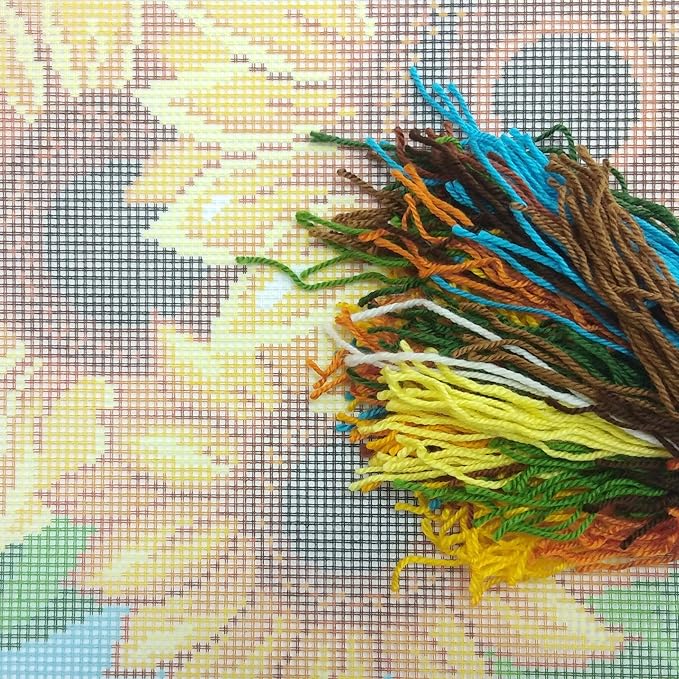 Brvsk Floral Needlepoint Kit for Adults and Beginners — Sunflowers 16″ × 16″ with Clear, Precise Printed Design on Cotton Canvas; Includes 2 Needles, Yarn, and Easy-Read Chart