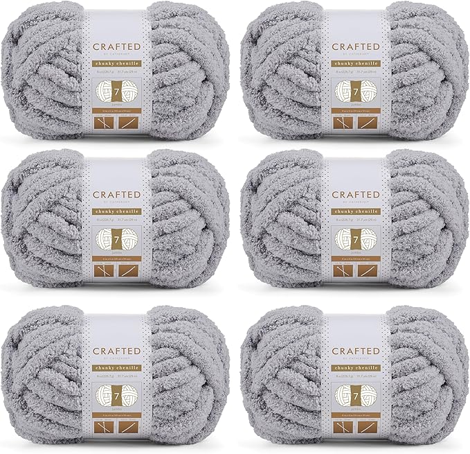 Crafted By Catherine Chunky Chenille Yarn - 6 Pack (8 oz / 227 g, 31.7 Yards Each Skein), Light Grey, Gauge 7 Jumbo