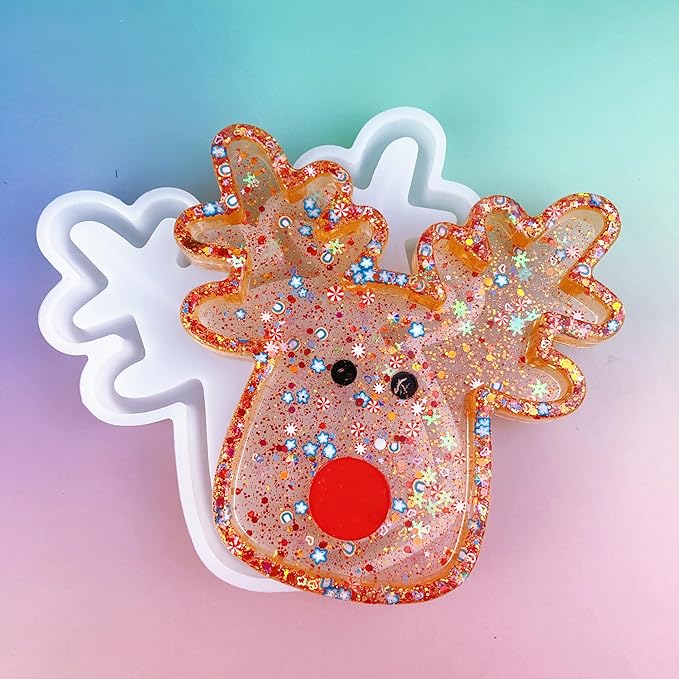Christmas Reindeer Silicone Mold Resin kit, Epoxy Resin Tray Casting Molds with Glitter Design, Candy and Snack Plates, Jewelry Storage Tray Holiday Crafting Resin molds Silicone Clearance
