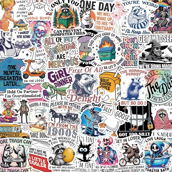 200 pcs funny holographic stickers for adults, waterproof vinyl sarcastic meme decals for laptop, water bottle, phone, kindle, journal, scrapbook, bumper, skateboard, luggage, no repeats