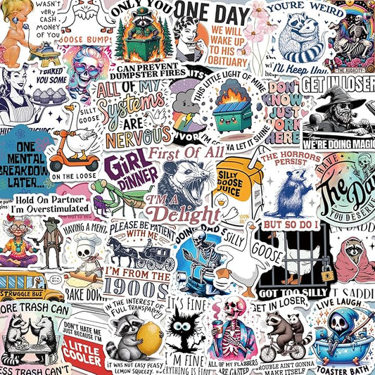 200 pcs funny holographic stickers for adults, waterproof vinyl sarcastic meme decals for laptop, water bottle, phone, kindle, journal, scrapbook, bumper, skateboard, luggage, no repeats