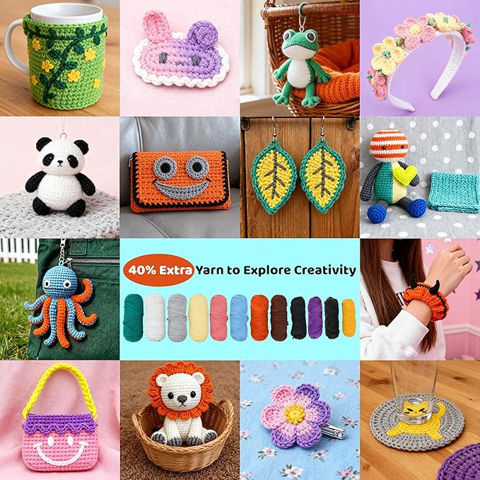Joyclub 6 Pcs Crochet Kit for Beginners Crochet Starter Kits for Adults and Kids Great Birthday Gifts for Crocheting Lovers with Step by Step Video Amigurumi Animal Family Knitting Kit DIY Craft