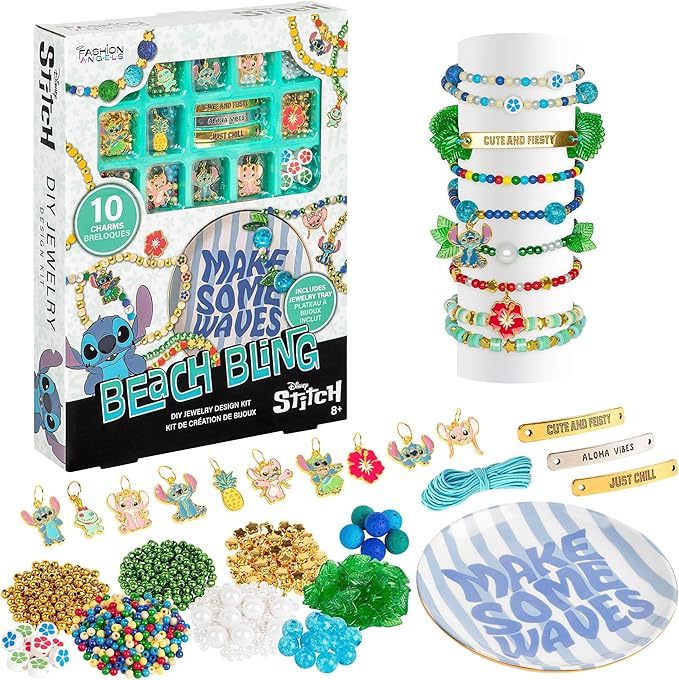 Fashion Angels Disney Stitch Jewelry Making Kit with Ceramic Trinket Tray – DIY Bracelet & Necklace Bead Set with Charms, Message Bars, and Elastic Cord for Kids & Tweens