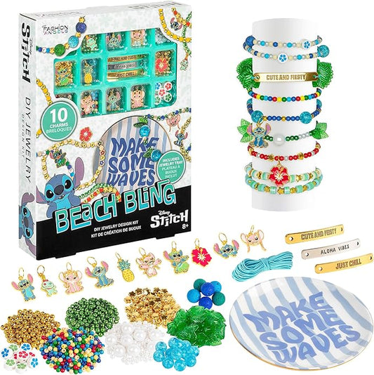 Fashion Angels Disney Stitch Jewelry Making Kit with Ceramic Trinket Tray – DIY Bracelet & Necklace Bead Set with Charms, Message Bars, and Elastic Cord for Kids & Tweens