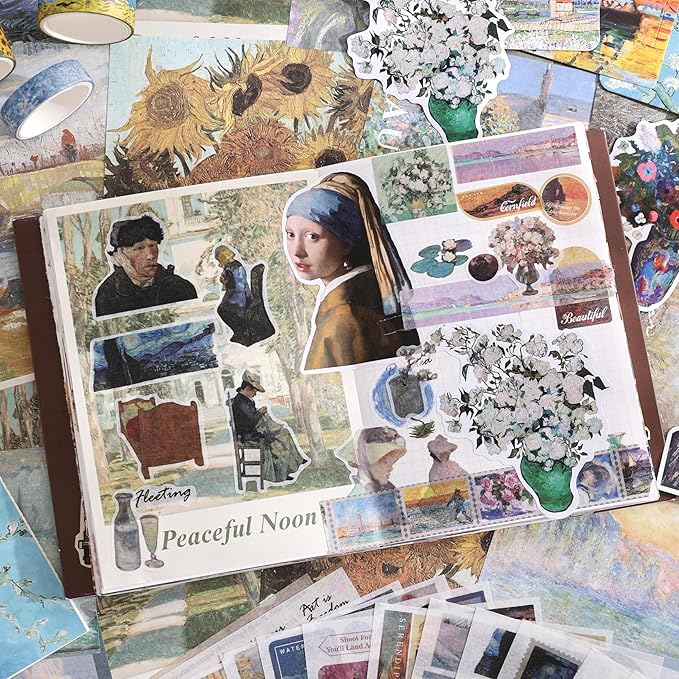 Scrapbooking Supplies Kit, Monet Van Gogh Oil Painting Theme Scrapbook Kit for Bullet Junk Journal, 12 Rolls Washi Tape, Stickers Papers for DIY Journaling Supplies, Craft Gift for Women Teenage