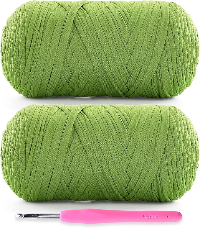 2 Pack Soft T-Shirt Yarn for Crochet, T Shirt Yarns for Crocheting Crafts, Bags, Basket, Coaster, Tshirt Yarns - 800 G/260 Yds with 1 Crochet Hook (2, Autumn Green)