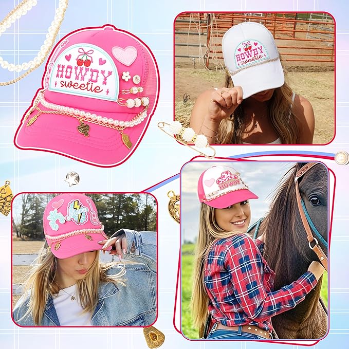 Meneng Cowgirl Hat Accessories Kit: 36PCS Western Trucket Hat Chains Bill Decoration for Women - Bling Metal Detachable Chains Bulk for Mesh Baseball Cap