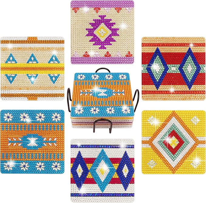 Temlum 6 Pcs Diamond Painting Coasters with Holder, Boho Diamond Coasters Small Diamond Painting Kits for Beginners, Adults Diamond Art Coasters Craft Supplies