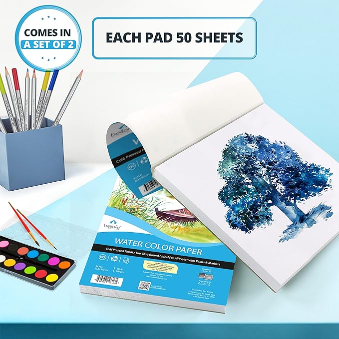Bellofy 2X Watercolor Paper Pad, 100 Sheets, 9x12 Inches | Ideal for Kids, Artists & Beginners Love | Watercolor Sketchbook for Watercoloring Techniques | Great Gift Idea