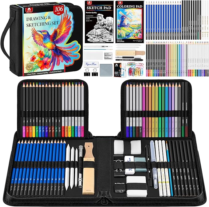106 PCS Art Supplies Sketching Kit, Pro Drawing Pencils with 3-Color Sketchbook, Coloring Book, Colored Graphite Charcoal Watercolor & Metallic Pencils, Drawing Supplies Gifts for Artists Adults