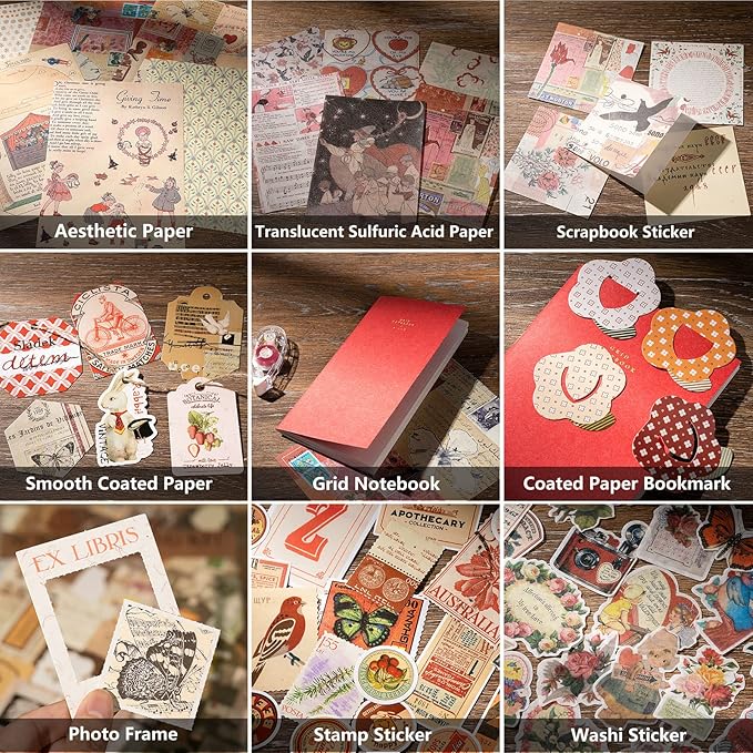 joychoic vintage scrapbook supplies aesthetic journaling kit, scrapbook papers quote stickers tn notebook large collection for bullet junk journal, planner diy arts craft collage