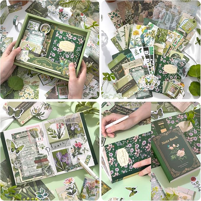 Scrapbook Supplies Kit, Vintage Junk journaling Supplies, Scrapbooking Kit with Aesthetic Stickers, Stationary Set, Bullet Journaling Kit, Ephemera Collage Craft Supplies Gift for Adults Women Starter