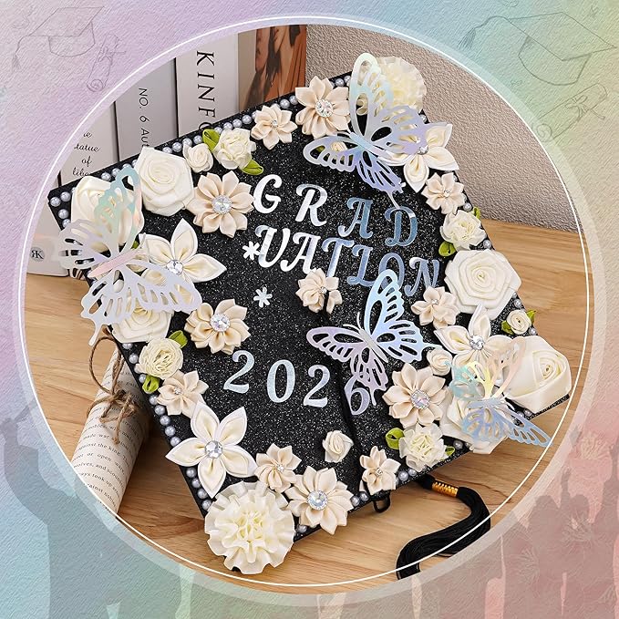 VISSTREE Graduation Cap Decorations Flowers, 56 Pcs Handmade Cap Toppers for Graduation with White Artificial Flower 3D Butterfly Number Letter Stickers Kit for DIY 2026 Grad Graduate Gift