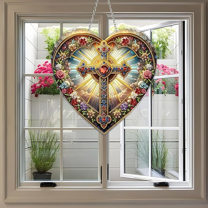 JJFox DIY Acrylic Diamond Art Painting Wreath Kits Special Shaped Rhinestone Diamond Art Window Pendants Home Garden Wall Hanging Kits Hanging Ornament (Cross-1)