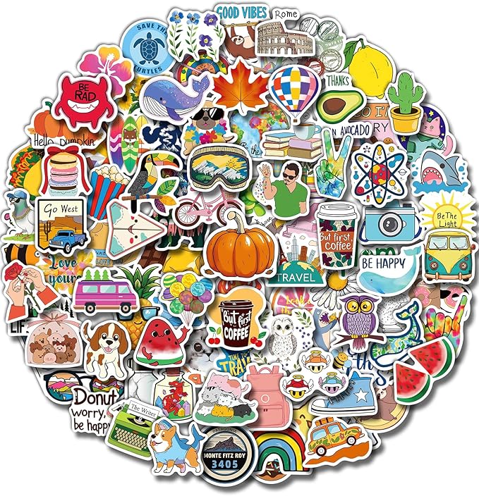 greingways 100 pcs water bottle stickers for kids classroom, waterproof stickers for laptop scrapbook skateboard, vinyl cute sticker packs for teens boys girls adults