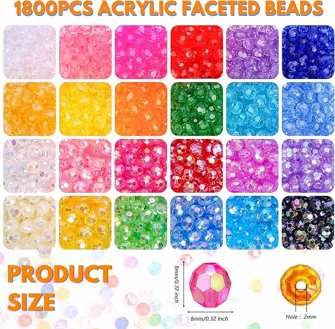 BONNY BOXX 1800PCs 6mm Acrylic Faceted Round Beads, AB & Regular Colors Crystal Bead for Jewelry Making DIY Friendship Bracelets Necklaces Earrings, Rainbow Color Spacer Beads for Crafting Projects