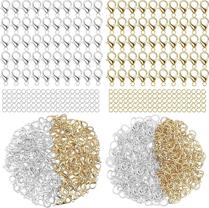 Junkin 300 Pcs Lobster Claw Clasps and Open Jump Rings Set Alloy Jewelry Findings Kit for Jewelry Making Gold and Silver Lobster Claw Clasps Bracelet Necklace Fasteners Hook DIY Accessories for Women