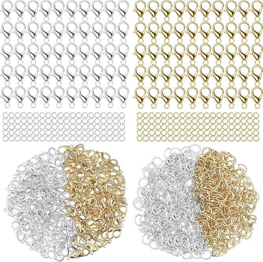 Junkin 300 Pcs Lobster Claw Clasps and Open Jump Rings Set Alloy Jewelry Findings Kit for Jewelry Making Gold and Silver Lobster Claw Clasps Bracelet Necklace Fasteners Hook DIY Accessories for Women
