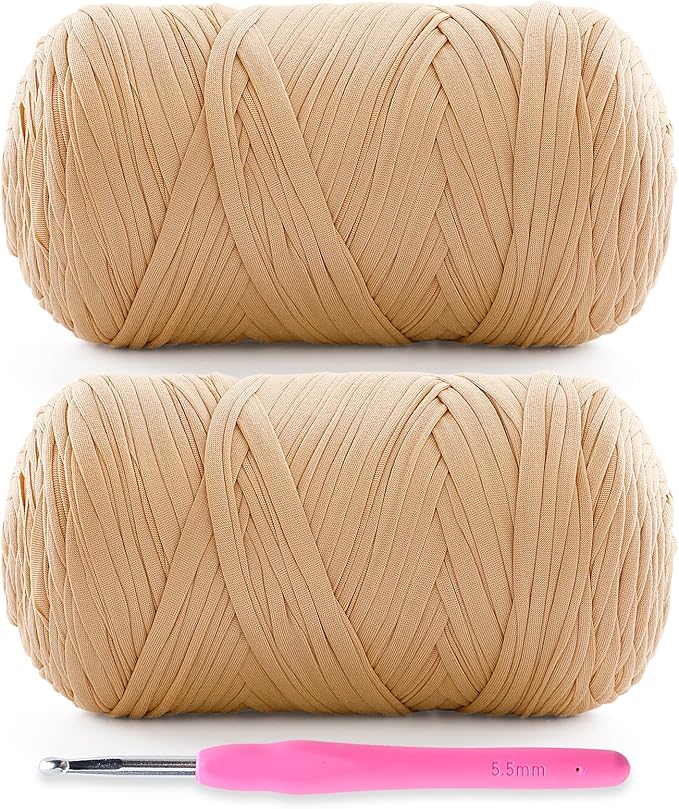 2 Pack Soft T-Shirt Yarn for Crochet, T Shirt Yarns for Crocheting Crafts, Bags, Basket, Coaster, Tshirt Yarns - 800 G/260 Yds with 1 Crochet Hook (2, Khaki)