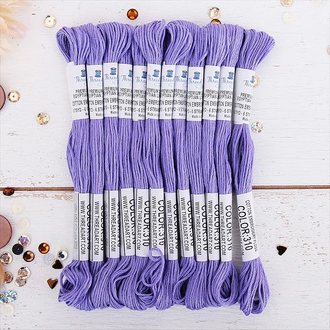 12 Skeins ThreadArt Premium Egyptian Long Fiber Cotton Embroidery Floss | Lavender | 6 Strand Divisible Thread 8.75yds Each for Hand Embroidery, Friendship Bracelets, Cross Stitch and Crafts