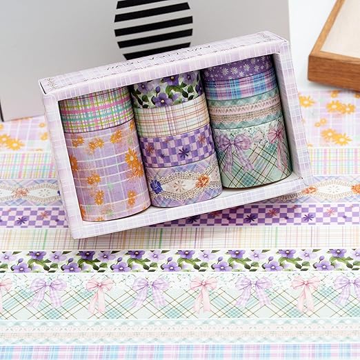 10 Rolls Vintage Floral Washi Tape Set Pastel Plaid Arts Adhesive Tapes Soft Colors Decorative Masking Tape Sets for Craft, Kids, Scrapbook, DIY, Gift Wrapping (Lavender Lace)