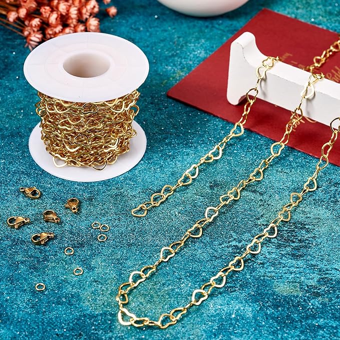 Sparkeads 5M Real 18K Gold Plated Golden Chain for Jewelry Making,Brass Heart Link Chains,Golden Link Necklaces for Women,Cable Chain with Lobster Claw Clasps for Bracelet DIY Jewelry Kits,6x8x0.5mm
