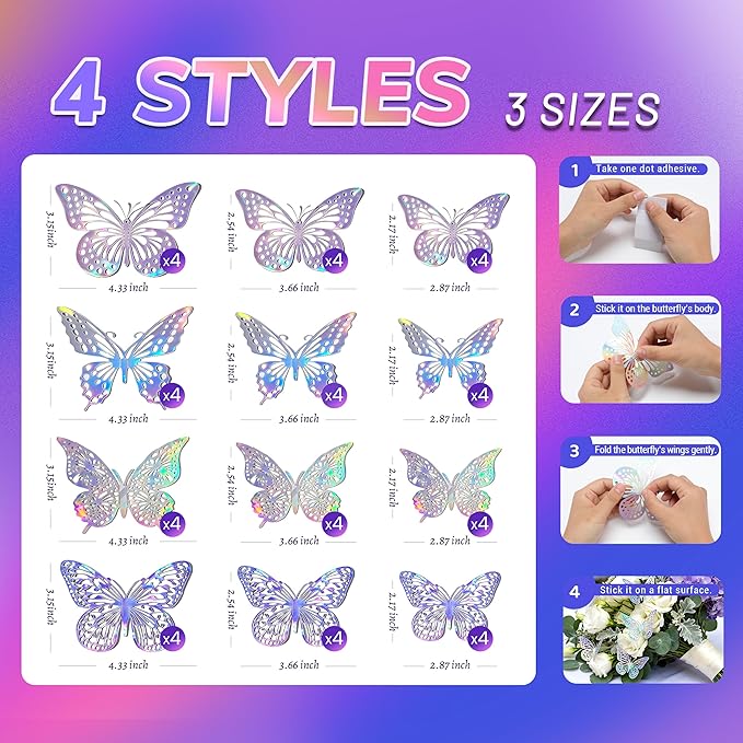 BTSD-home 48 Pcs Iridescent 3D Butterfly Wall Decor Iridescent Party Decorations for Bedroom Nursery Removable Holographic Butterfly Wall Stickers for Birthday Wedding Gift Box Cake