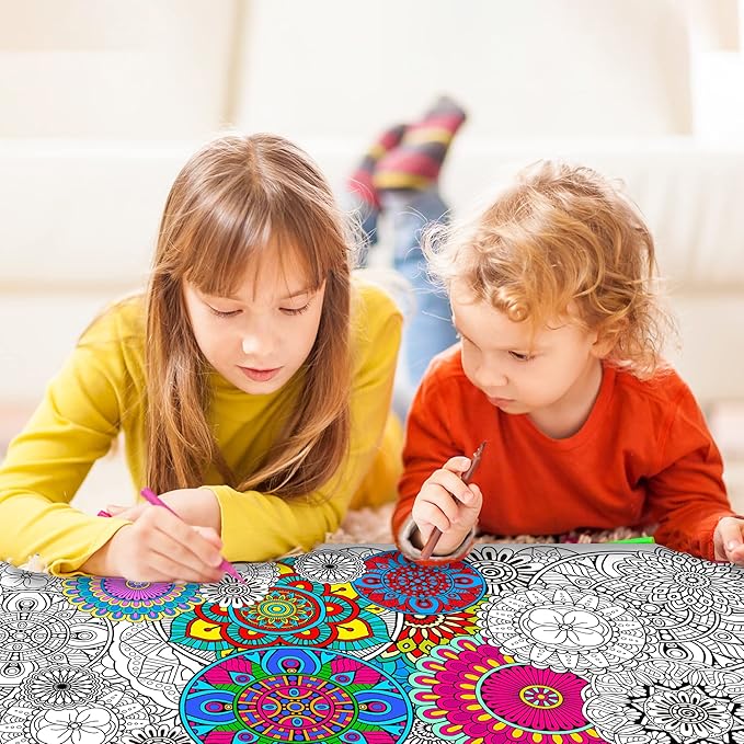 dvbonike jumbo mandala coloring poster giant flower color-in paper poster diy drawing blank doodle art banner circular floral 55.1x23.6 inch wall decor, home school activity party supplies for kids