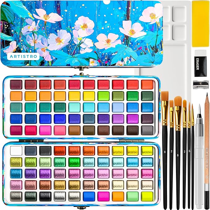 ARTISTRO 100 Color Watercolor Paint Set - Portable Paint Art Kit with Palette and Brush Pens - Travel Water Color Set for Adults, Professionals, Kids - Art and Painting Supplies - Gift Idea
