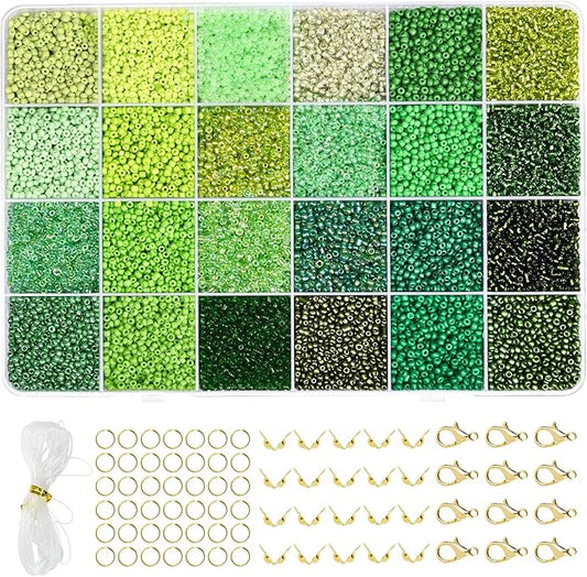 Vtssvow 2mm Glass Seed Beads for Bracelets Making, 24 Colors 22000pcs Friendship Bracelet Making Kit, Small Glass Beads for Jewelry Making (Mix 24 Color, Green)