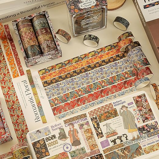 12 Rolls Kyoto Charm Washi Tape Set Japanese Arts Adhesive Tapes Geometric Garden Decorative Masking Tape Sets for Craft, Kids, Scrapbook, DIY, Gift Wrapping (Floral Bird)