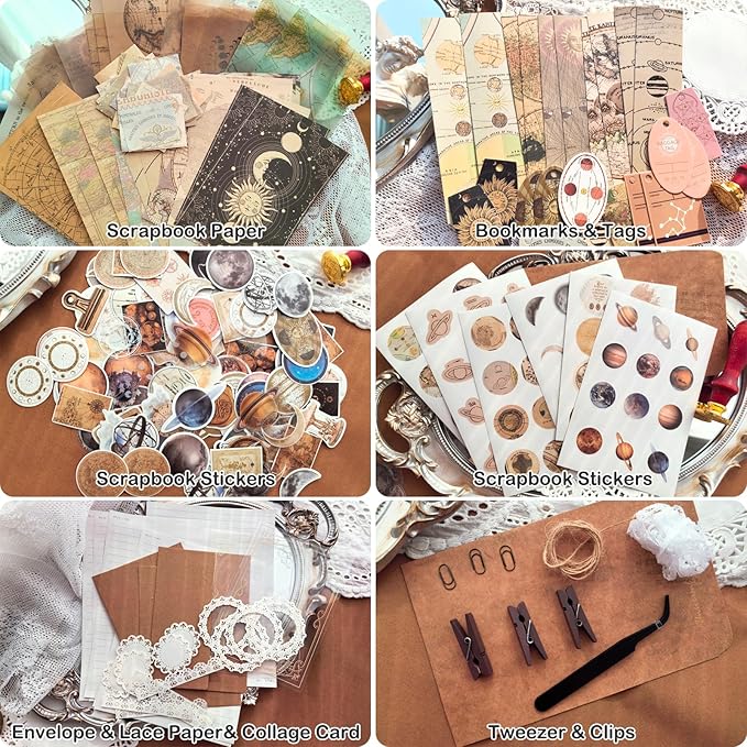 Flartmo 313 Pcs Complete Scrapbook Supplies Kit, Celestial Universe Planets Space Scrapbook Paper & Stickers, Junk Journal Scrapbooking Supplies Kit for Journaling, Embellishments, Card