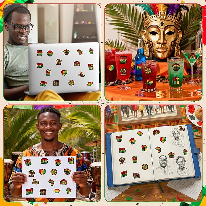 beyumi black history month sticker - 1000pcs black history month stickers in 2 rolls waterproof vinyl kwanzaa juneteenth african american celebration decals party laptop bottle scrapbooking decoration