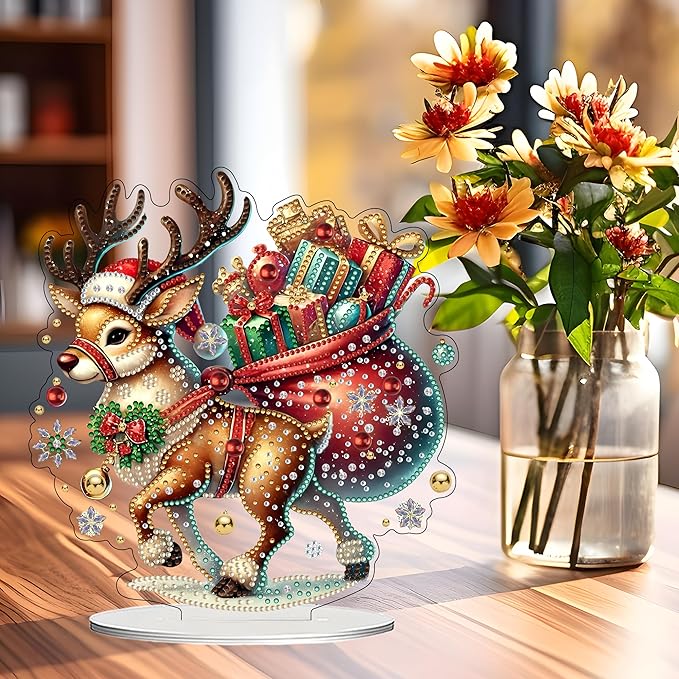 JJFox DIY Tabletop Diamond Art Painting Kit，Desktop Ornament Special Shaped Rhinestone Desk Placement Ornament，Home Stand Up Gem Painting Craft Kit Gift Double Sided (Christmas Deer)