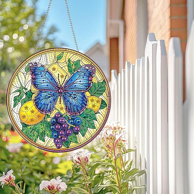 Wergund 5D DIY Butterfly Diamond Art Hanging Kits, Hanging Diamond Art Lemon Grape, Acrylic Special Shaped Rhinestone, Window Hanging Pendants for Home Wall Garden Front Door Outdoor Decor Gift
