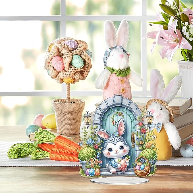 JJFox DIY Tabletop Diamond Art Painting Kit，Desktop Ornament Special Shaped Rhinestone Desk Placement Ornament，Home Stand Up Gem Painting Craft Kit Gift Double Sided (Easter Rabbit)