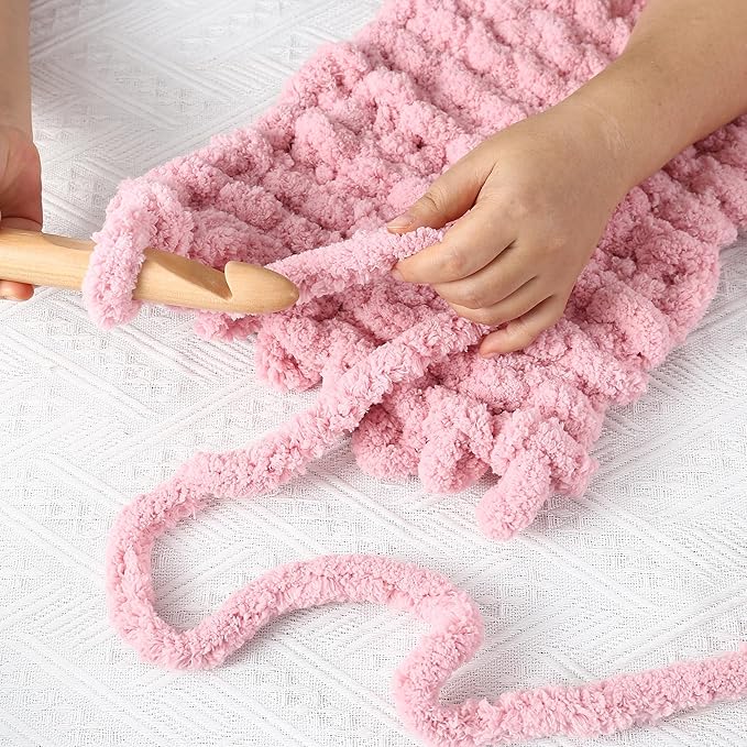 Chunky Chenille Yarn for Hand Knitting 8 Jumbo Pack Jumbo Chunky Yarn for Hand Soft Blanket Knitting, Bulky Thick Fluffy Yarn for Crocheting (Leather Pink)