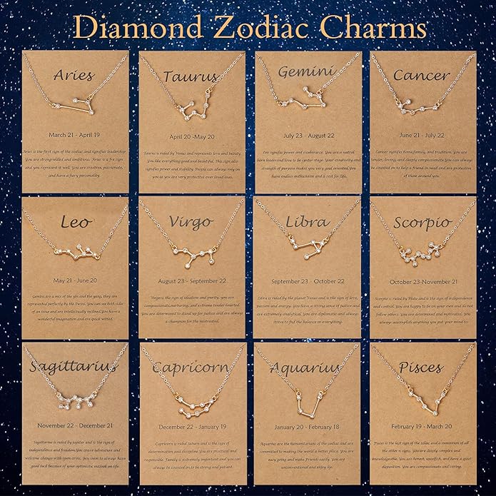 Hicarer 48 Pcs Zodiac Charms Bulk for Jewelry Necklace Bracelet Making, 4 Styles Symbol Name Diamond Alloy Zodiac Pendants Horoscope Sign with Cards