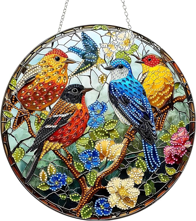 DIY Diamond Art Painting Wreath Kits，Special Shaped Rhinestone Hanging Ornament Diamond Art Window Pendants for Gift Home Garden Wall Hanging Kits,Double Sided (Bird-1)
