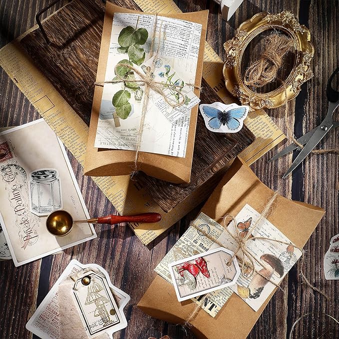 120 Pcs Vintage Aesthetic Scrapbook Kit Junk Journaling Supply with Retro Stamp Stickers,material Paper, Tag Card,hand Account Collage Card,pillow Box,twine Diary Supply Birthday Gift(Artsy Style)