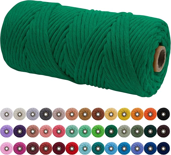 JeogYong Single Strand Macrame Cord 4mm x 109 Yards (328 Feet) Soft Cotton Rope Macrame Yarn 4 mm Macrame Cord, Macrame Supplies for Crafts Wall Hangings Plant Hangers Decorations (Green)